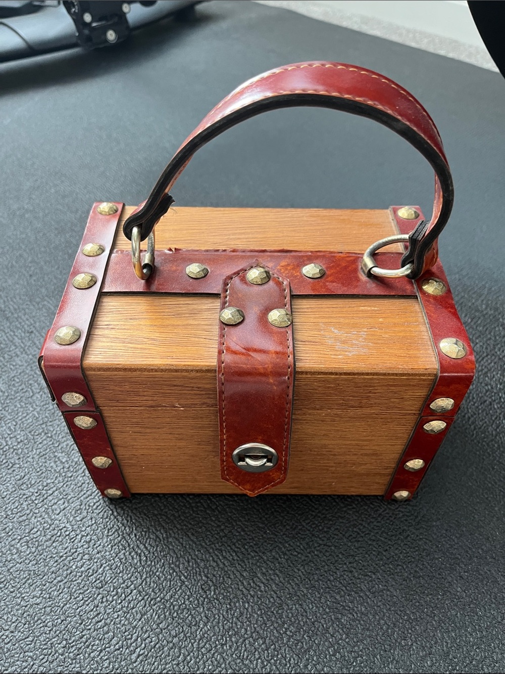 Wood Box Satchel Handbag with Red Leather Trim fits IPhone easily